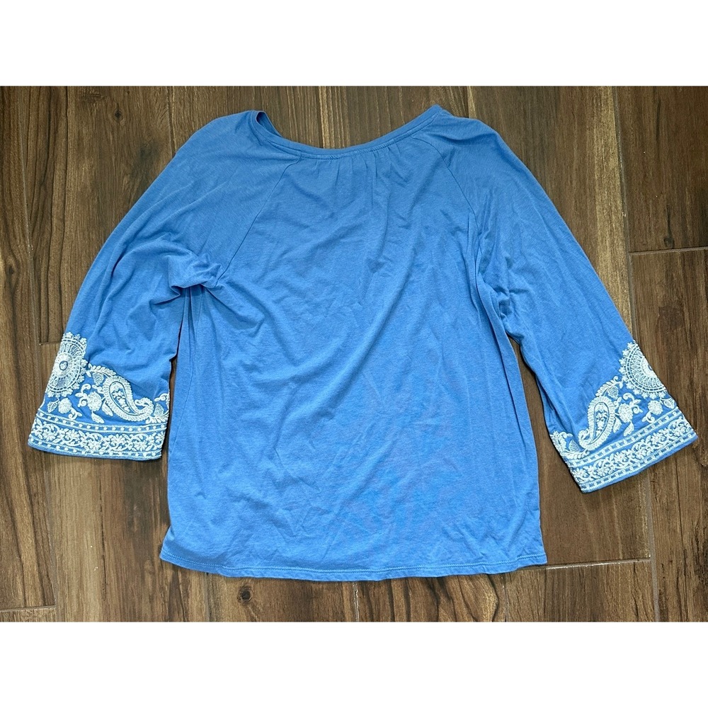 J. Jill Blue Cotton Tencel Modal Embroidered Paisley 3/4 Sleeve Knit Top Small - Picture 2 of 9